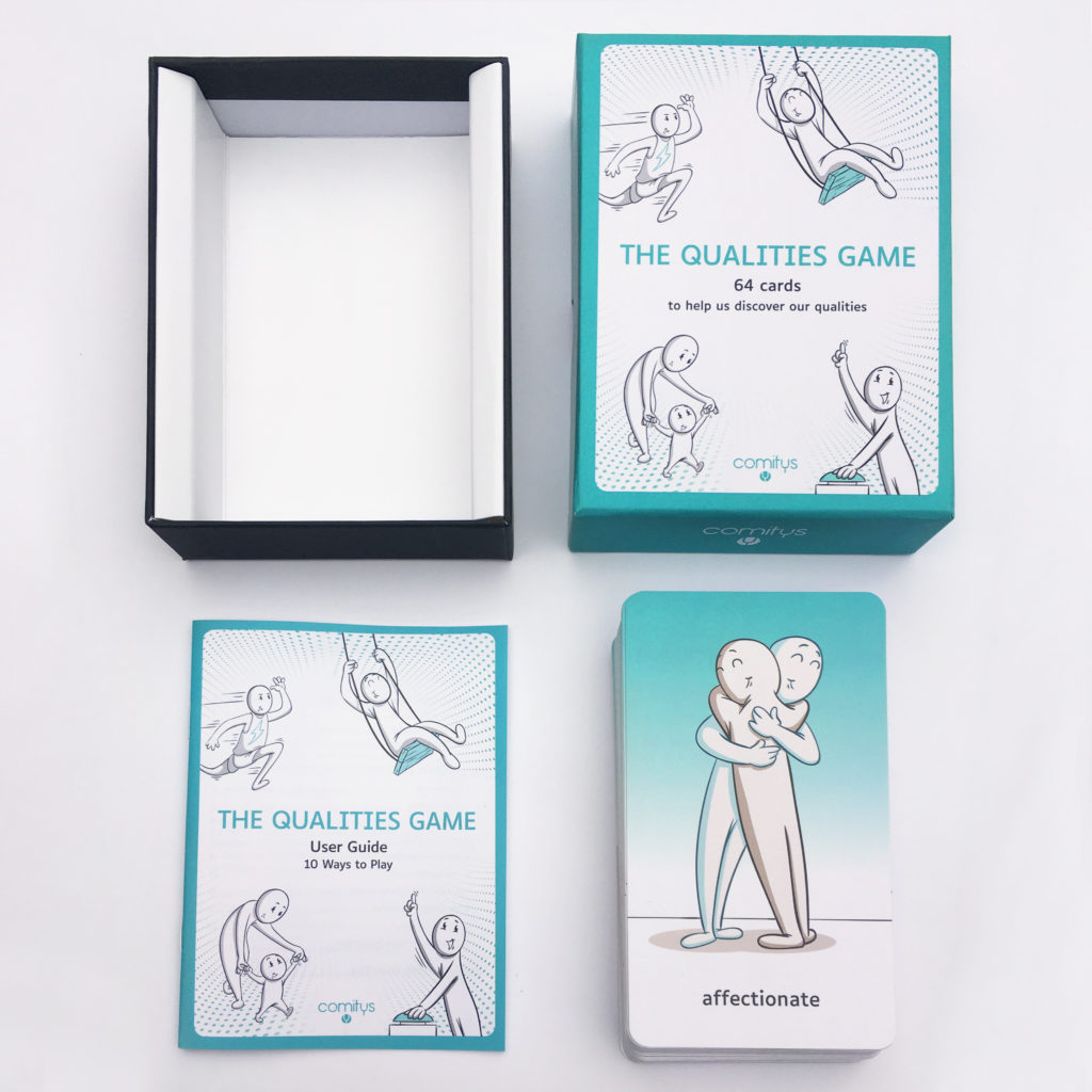 The qualities game flashcards box